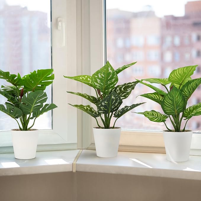 3 Pcs Small Fake Plants Artificial Potted Plant Indoor Faux Tropical Plant for Home Office Table Shelf Desktop Décor (11.8 Inch)