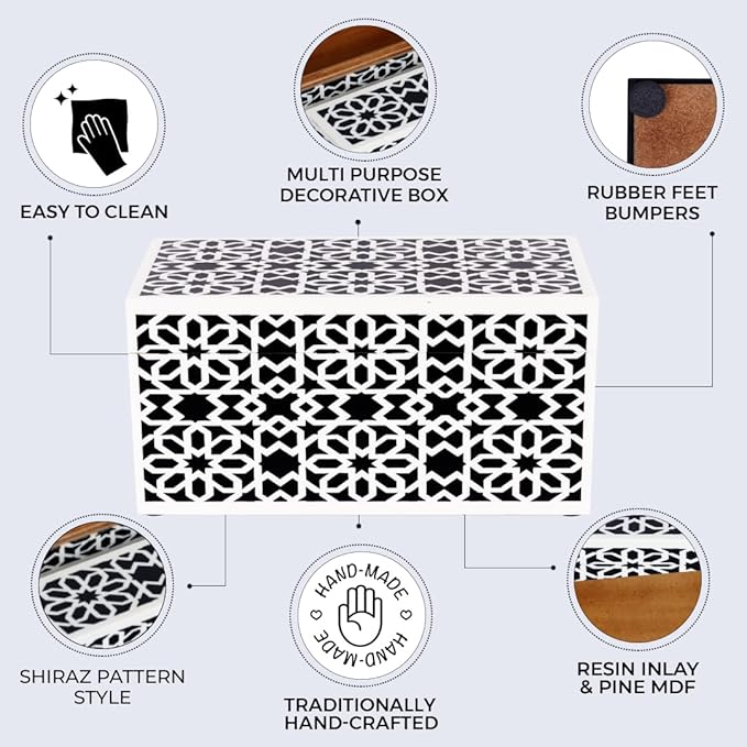 Handicrafts Home Decorative Storage Box with Lid– 10x5x5” Modern Home Decor Organizer, Memory Box & Jewelry Storage- Decorative Boxes for Living Room & Shelf Decor- Shiraz- Black White