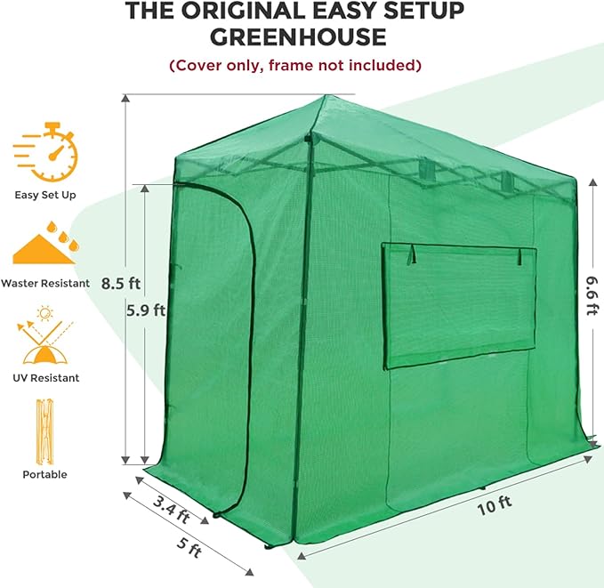 EAGLE PEAK Replacement Cover for 10x5 Portable Lean to Greenhouse, 2 Roll-Up Zipper Entry Doors and 1 Large Roll-Up Side Window (Frame Not Included), Green