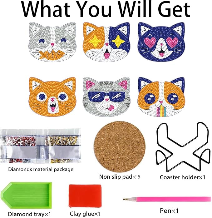 6PCS Cat Diamond Art Coasters Kits, Diamond Painting Coasters with Holder Set of 6, DIY Drink Coasters Art Crafts Supplies for Adults Cup Mat for Home Decor House Warming Gifts Non-Slip 3.9inch