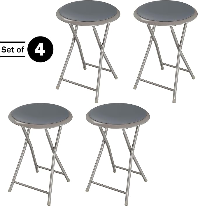 Folding Bar Stools - Set of 4 Heavy-Duty 18-Inch Stool with 225lb Capacity and Padded Seats for Dorm, Recreation or Game Room by Lavish Home (Gray)
