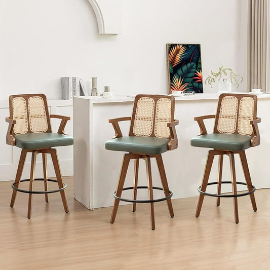 Counter Stools Set of 3 - 27 inch Swivel Counterstools with Rattan Back, Curved Arms, Upholstered Seat, Adjustable Bamboo Legs, Counter Top Stools for Island/Pub/Kitchen (27" Seat Height, Green)