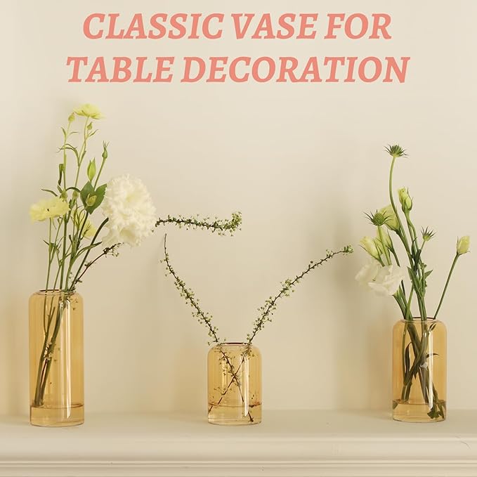 24pcs Glass Bud Vases Set, Clear Flower Vase for Centerpieces, Small Vases for Flowers, Decor Centerpiece for Bathroom, Decorative Vases for House Warming (Amber)