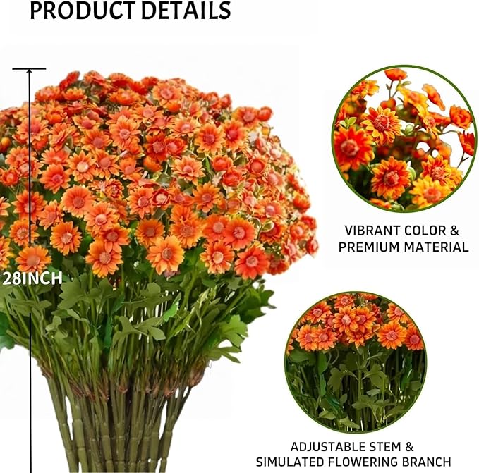 Funsdecor Mums, Artificial Sunset Mums, Artificial Outdoor Sunset Mums Flowers - UV Resistant, Waterproof, Windproof, Fake Fall Flower Daisy with Eucalyptus, Look Real, Full, Vibrant (5 Bundle Glod)