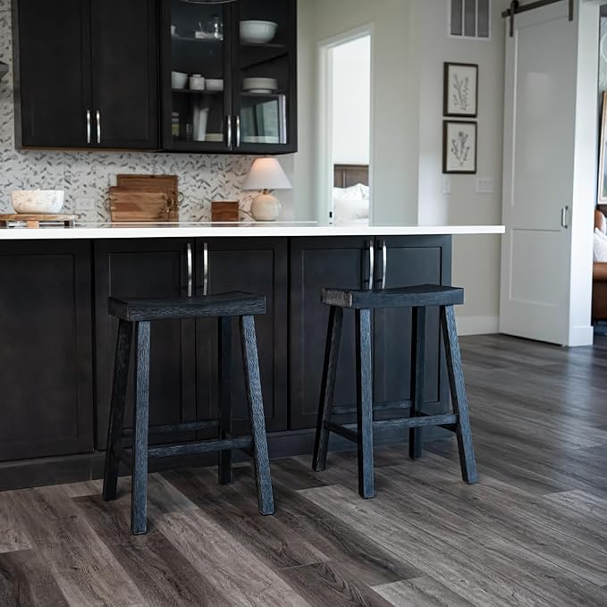 Maven Lane Kitchen Bar Stool, Modern Farmhouse Wood Counter Barstool, Kitchen Island Stool, Counter Height Bar Stools for Kitchen, Wide Seat Backless Bar Stools, Vincent 26", Antiqued Black, Set of 3