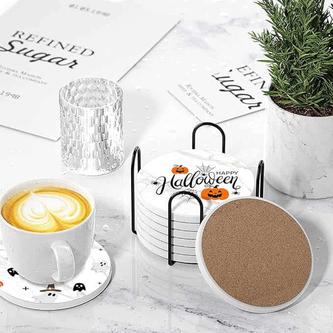 Halloween Drink Absorbent Coasters with Holder Set of 6, Ceramic Stone with Cork Base, White Marble Design with Pumpkin Pattern Coaster for Drinks, Gift for Housewarming Room Bar Home Decor Kitchen