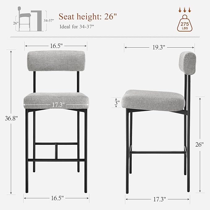 Counter Height Bar Stools Set of 2, Modern Upholstered Bar Stools with Back, Linen Counter Height Chairs with Metal Legs and Padded Cushion for Kitchen Island, Home Pub and Bars, Gray