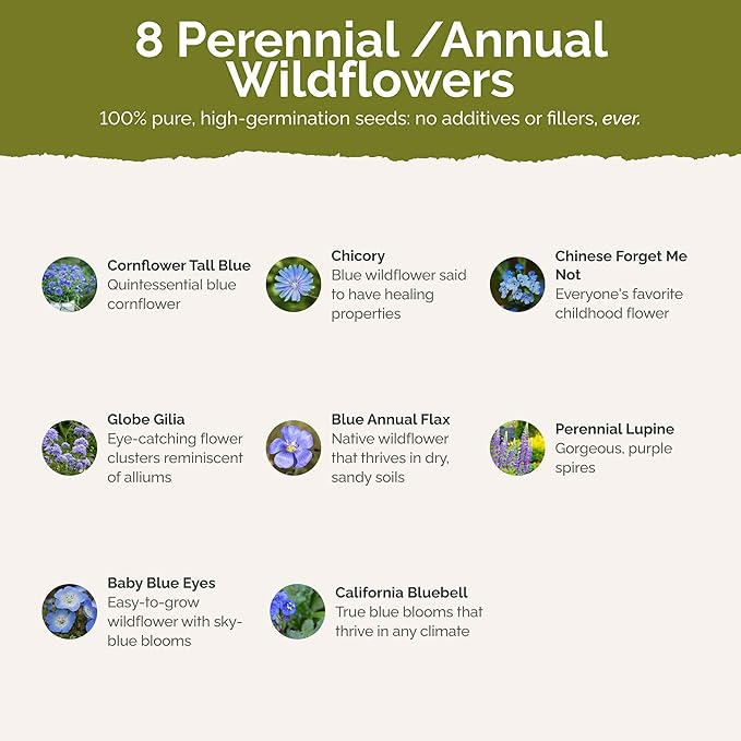 Eden Brothers Singin The Blues Wildflower Mixed Seeds for Planting, 1 lb, 480,000+ Seeds with Blue Flax, Lupine, Chicory | Attracts Pollinators, Plant in Spring or Fall, Zones 3, 4, 5, 6, 7, 8, 9, 10