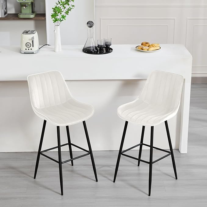 24" Bar Stools Set of 2, Counter Height Bar Chairs with Back, Modern Velvet Upholstered Barstools, Kitchen Island Stools for Bar, Kitchen Counter, Top Height 35"-38", White