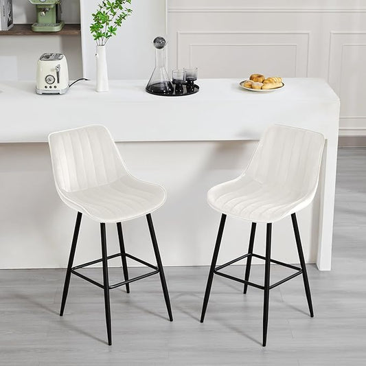 24" Bar Stools Set of 2, Counter Height Bar Chairs with Back, Modern Velvet Upholstered Barstools, Kitchen Island Stools for Bar, Kitchen Counter, Top Height 35"-38", White