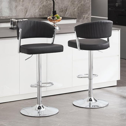 Bar Stools Set of 2, Adjustable Swivel Counter Height Bar Stools with Back and Footrest, PU Leather Bar Chairs for Kitchen Dining Room - Black