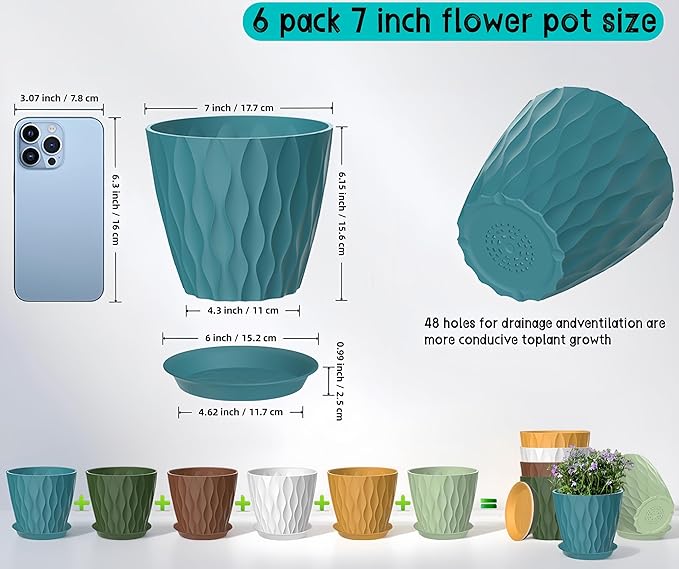 6 Pack 7 Inch Plant Pots with Drainage and Saucers, Multicolour Plastic Flower Pots for Indoor and Outdoor Plants, Stackable Nursery Planters for Houseplants and Herbs, Multicolour