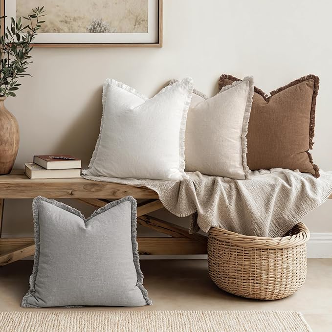 MIULEE Decorative Couch Pillow Covers Neutral Linen Fringe Throw Pillows Set of 4 Mid Modern Cushions Boho Farmhouse Pillowcases for Bed Sofa Living Room Home Decor 18x18 Inch Beige/Brown/Grey