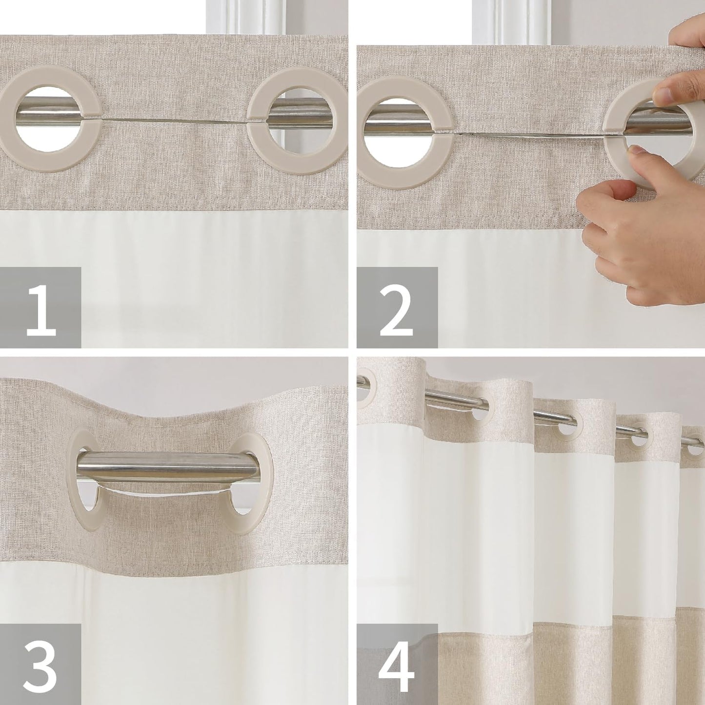 Stall No Hooks Needed Linen Textured Shower Curtain with Snap-in Fabric Liner Set,Hotel Luxury Decor Shower Curtains for Bathroom with Mesh Top Window,Waterproof & Washable,36Wx74H,Cream