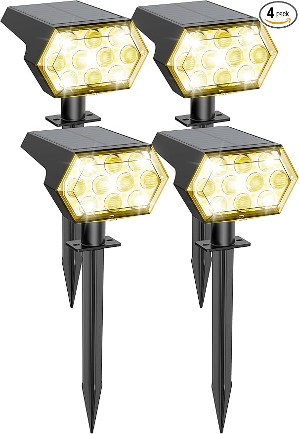 Kaxiida Solar Spot Lights Outdoor Waterproof IP68, 3 Modes & 25% Larger Panel 92 LED Solar Landscape Lights for Yard Pathway Patio Garden Decor (Warm White,4 Pack)