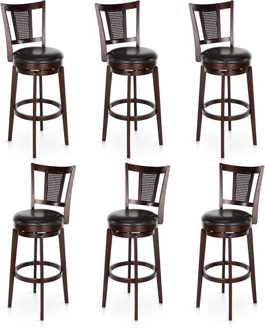 ALPHA HOME Swivel Bar Stools Set of 6, Kitchen Stools with Backs, 30 Inch Wooden Bar Stools, 360 Degrees Swivel Chair with Upholstered, Wrap-Around Footrest Counter Chair, Dark Brown