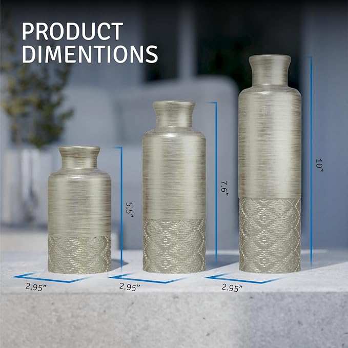 Creative Scents Dublin Silver Vases - Set of 3 Vases for Flowers, Decorative Vases, Farmhouse Decor, Premium Décor, Centerpiece Table Decorations for Your Kitchen, Bedroom, Office, Living Room