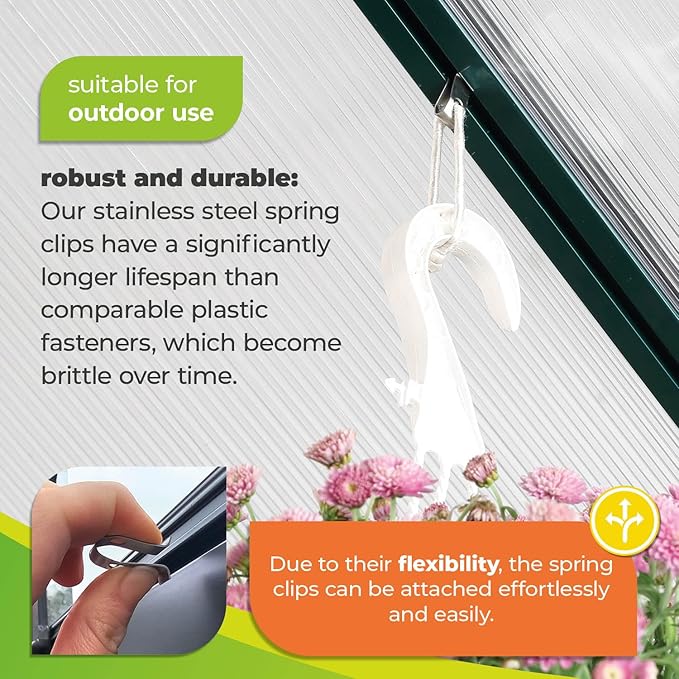 Bio Green Greenhouse Profile Spring Clips | for Hanging Lamps, Plants, etc. | 10 Pcs | Stainless Steel | Robust | Universal Fit for Greenhouse Profiles