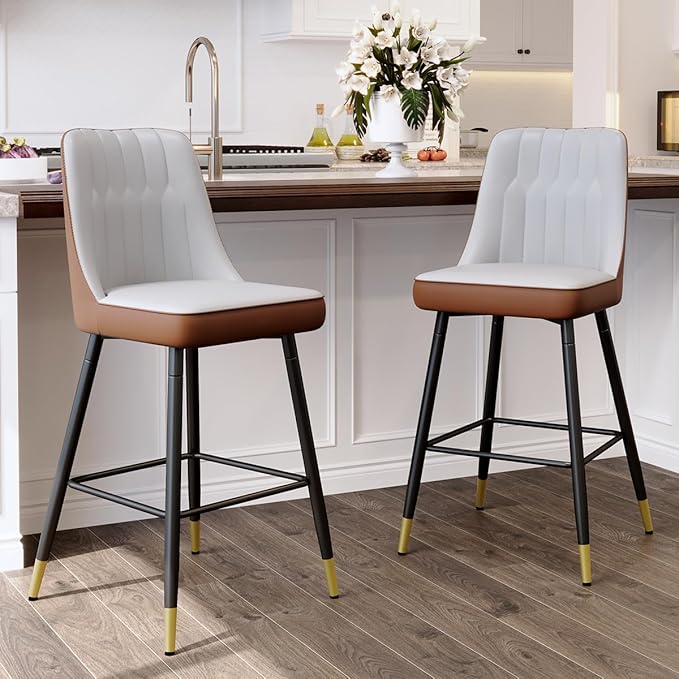 Counter Height Bar Stools Set of 2,27" Bar Stools with Back,Upholstered Counter Height Bar Stool with Sturdy Metal Footrest,Modern Kitchen Island Chairs for Home Pub (2,Grey-Brown)