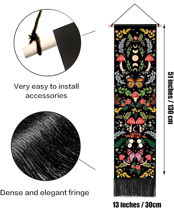 Mystical Long Tapestry Vertical Wall Hanging Cute Botanical Mushroom Moth Butterfly Bohemian Tapestry for Bedroom Aesthetic Moon Phase Plant Wall Tapestries with Tassels Black Room Decor 13x51 Inches