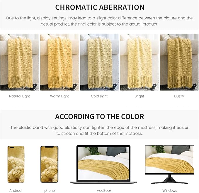 BOURINA Mustard Throw Blanket 50x60 Inches Throw Textured Solid Soft Sofa Couch Decorative Knit Blanket