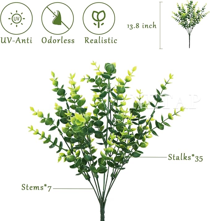 Outdoor Artificial Flowers UV Resistant, 20 Bundles Fake Realistic Floral Greenery Plants for Outside Porch, Window Boxes, Garden, Yard, Inside Home Table Decor, Green