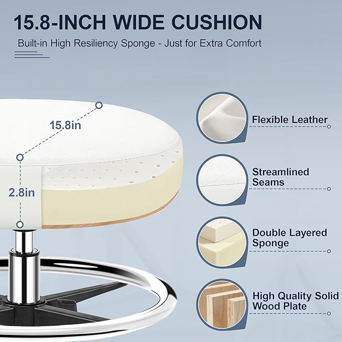 Drafting Chair with Backrest – Adjustable Foot Rest Rolling Stool with Wheels, PU Leather Swivel Stool for Office Spa Studio Lab Counter Salon Home Work Bar Kitchen Shop(White)