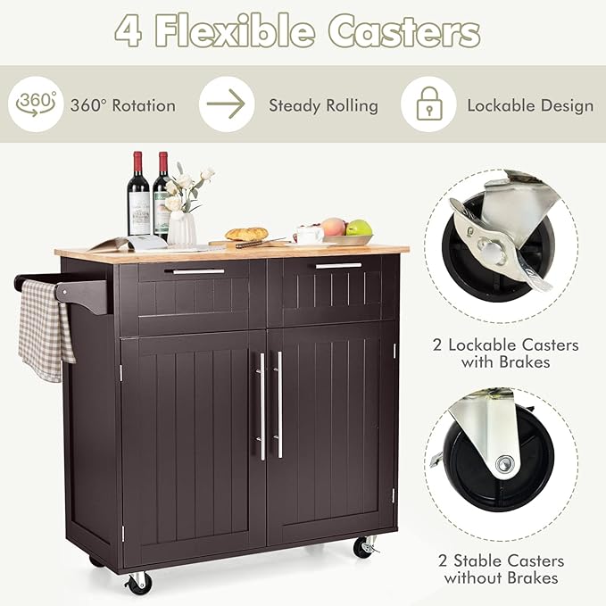 COSTWAY Kitchen Island on Wheels, Kitchen Cart with Side Towel Bar, 2 Drawers, 2 Door Cabinet, Rolling Storage Trolley Cart with Rubber Wood Top & Lockable Casters (Brown)
