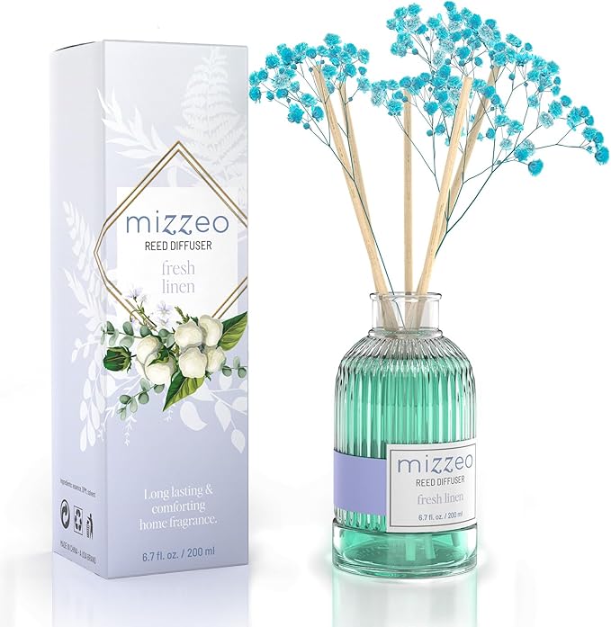 MIZZEO Reed Diffuser Set, Clean Linen 6.76 fl oz Highly Scented Room Diffuser Home Fragrance Essential Oil Reed Flower Diffuser, House Bedroom Office Decor & Gifts