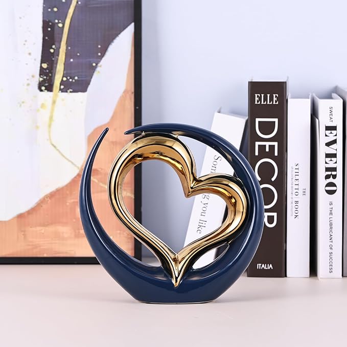 Ceramic Heart Decor Love Statue, Navy Blue Gold Double Hearts Sculptures for Home Table Centerpiece Decor, Valentine, Wedding, Decorative Items for Shelves, Coffee Table Decor (Hug Heart-Round)