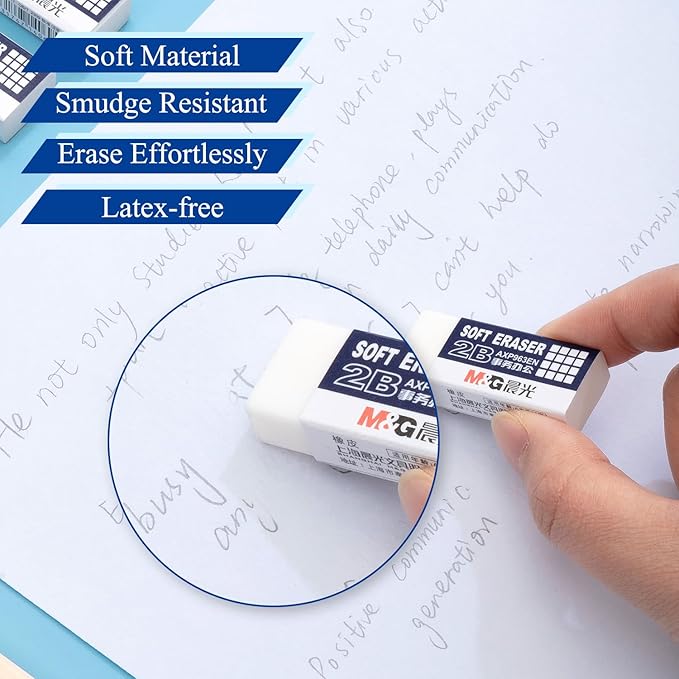 M&G 24 Pack Erasers Pencil Erasers, 2B White Rubber Eraser Rectangular Bulk for Kids School Students Office, Art Erasers for Drawing