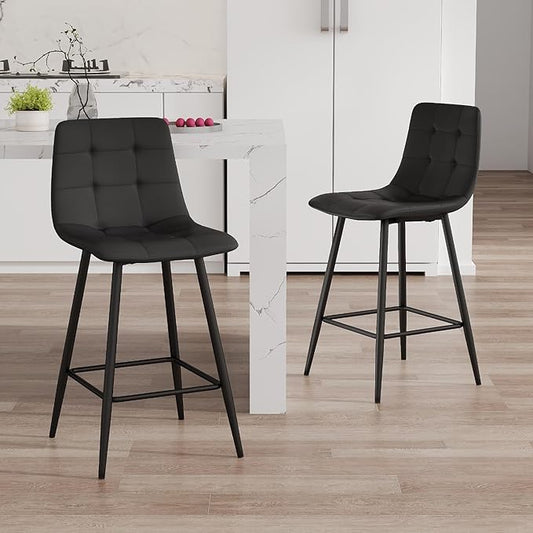 Black Barstools Set of 2, 24.4" Counter Height Bar Stools with Back & Metal Footrest, Modern Island Chairs Set of 2 for Kitchens Island Home Bar