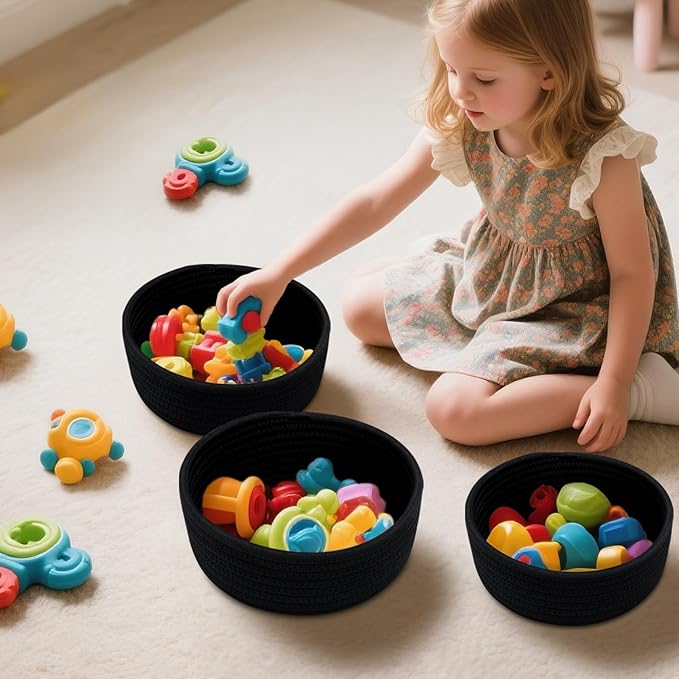 Small Shelf Storage Baskets for Organizing, 6 Pack Round Cotton Rope Bins, Decorative and Cute Woven Baskets for Bedroom and Closet, Key Tray Bowl, Home Decor Countertop Organizer (Black)