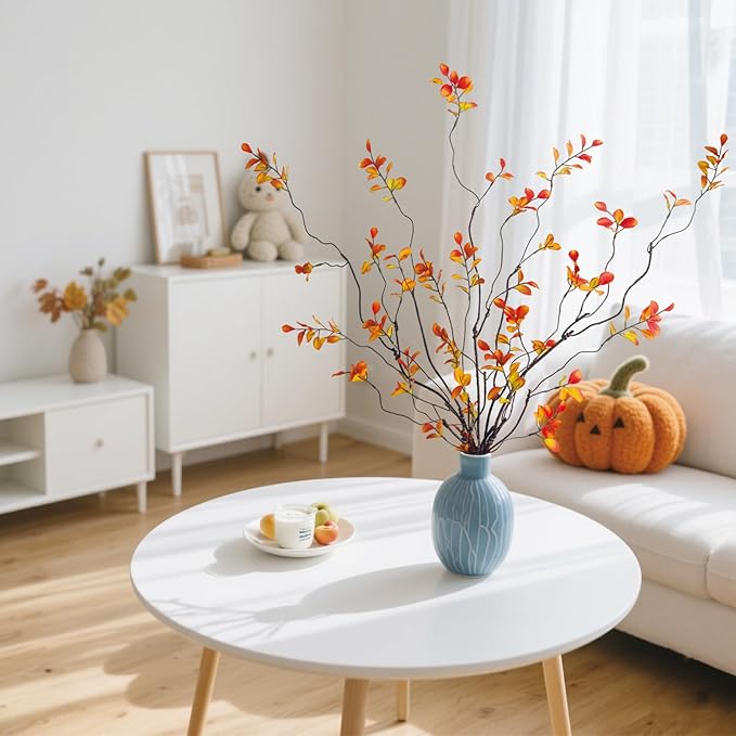 4 Pcs Fall Stems Artificial Ficus Branches, 47.2 Inch Faux Eucalyptus Stems Fall Decor, Fake Leaves Fall Decorations for Home, Autumn Table Decor Fall Branches for Vase Filler Centerpieces