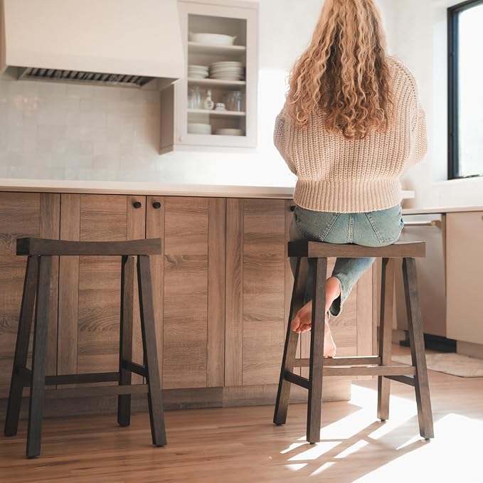 Maven Lane Kitchen Bar Stool, Modern Farmhouse Wood Counter Barstool, Kitchen Island Stool, Counter Height Bar Stools for Kitchen, Wide Seat Backless Bar Stools, Vincent 26", Antiqued Brown, Set of 2