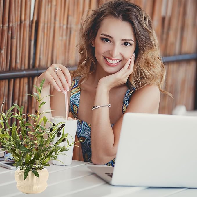 16 inch Fake Plants Indoor Greenery Leaf Faux Silk Olive Plant with Creamic Light Yellow Planter for Home Kitchen Office Hotel Housewarming Aesthetic Decoration