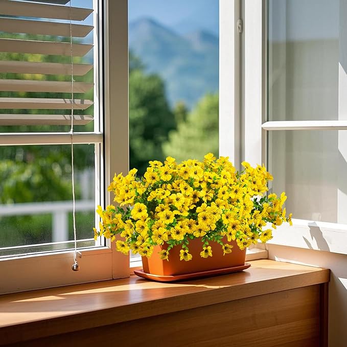 Artificial Fake Flowers for Outdoor Spring Decoration, 16 Bundles Faux Silk Colorful Daisy UV Resistant Realistic for Outside Porch Patio Home Yard Garden Planters Pots Window Box (Yellow)