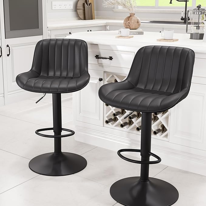 YOUNUOKE Black Bar Stools Set of 2 Adjustable Counter Height Stools Modern Swivel Barstools with Backs Mid Century PU Leather Upholstered Bar Chairs for Kitchen Island