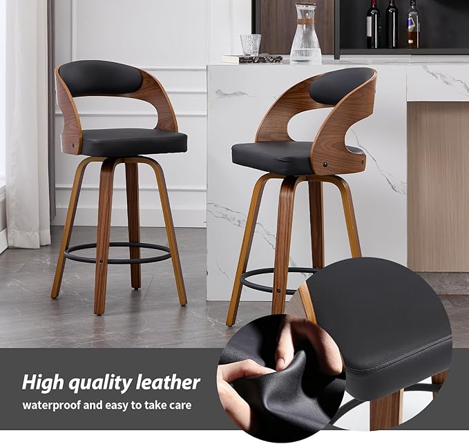 Swivel Bar Stools Set of 2, Walnut Counter Height Bar Stools with Back and Arms, 26" Modern Faux Leather Upholstered Bar Chairs with Bentwood Frame for Kitchen Island Bar - Black