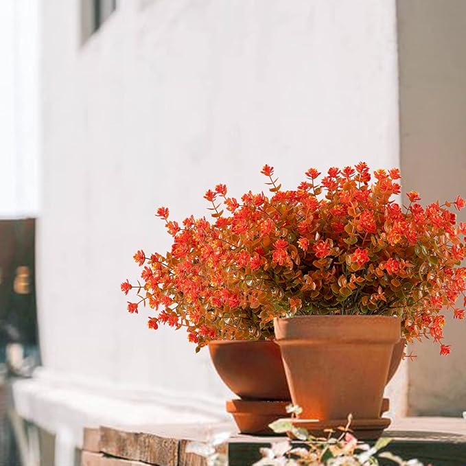 6PCS Artificial Eucalyptus Plants,Fake Boxwood Shrubs UV Resistant No Fade Faux Plastic Bridal Bouquet Indoor Outdoor Home Garden Kitchen Office Table Vase(Fall Orange), Brown Orange