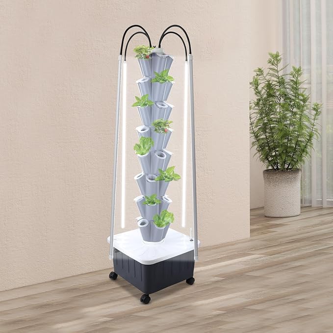 Hydroponic Growing Tower with Grow Lights, 40 Holes Vertical Planter Tower Hydroponics Growing System Kit with Wheels, for Fruits, Vegetables, Herbs and Miniature Greens (Gray)