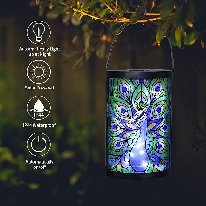 Afirst Solar Lantern Outdoor, Hanging Glass Peacock Solar Lights Waterproof Led Lamp for Garden Yard Tree Desk Decor
