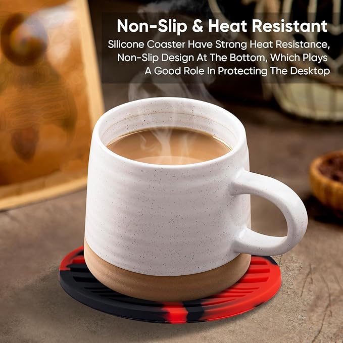 6 Pack Drink Coasters,Coasters for Drink with Holder,Non-Slip Silicone Cup Mat,Rubber Coaster Live for Hot or Cold Drink,Fits Any Size of Cups(Black Red)