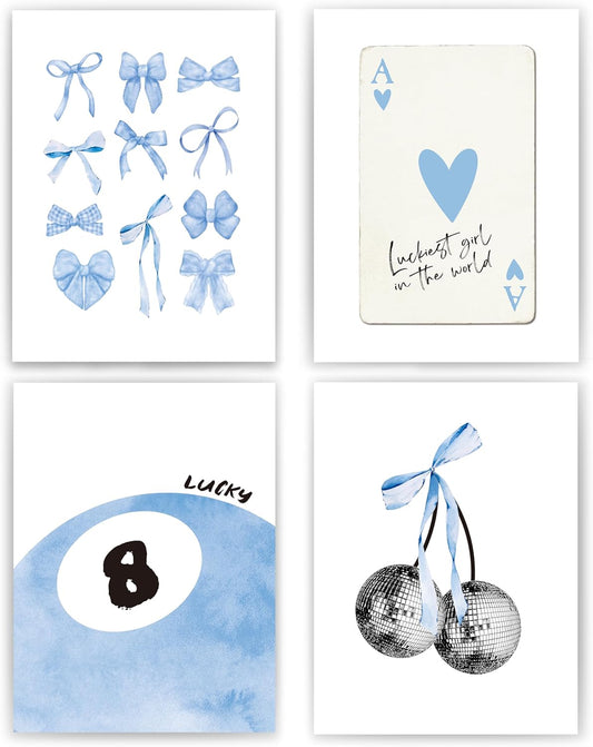 okaxscm Light Blue Coquette Trendy Preppy Wall Art Prints Set of 4,Coquette Preppy Room Decor,Blue Bow Disco 8 Ball Cherry Wall Decor Posters for Girls Bedroom Dorm,12x16 Unframed