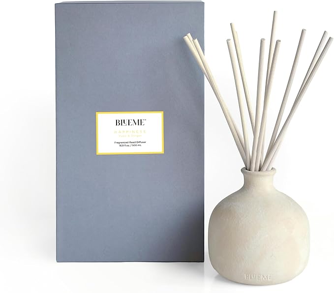 BLUEME Happiness-Yuzu & Ginger, 16.91 Fl Oz Wellness Diffuser, Contains Essential Oil, Sustainable, Hand Finished, Premium, Luxury Ceramic, Natural Rattan Reeds