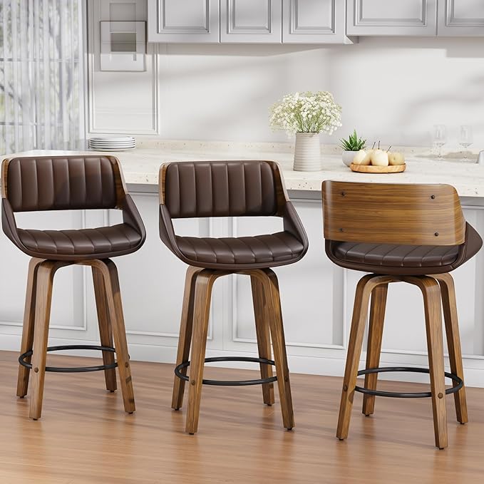 Bar Stools Set of 4, 26" Swivel Counter Height Barstools with Walnut Bentwood Back and Legs, Mid-Century Modern Faux Leather Upholstered Bar Chairs with footrest for Bar, Kitchen Island, café, Brown