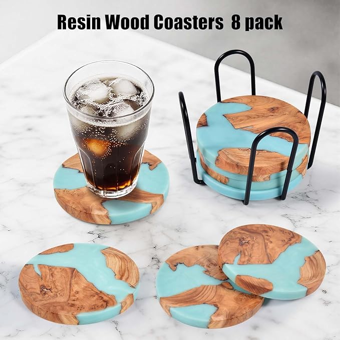 Drink Coaster Set, Wooden Absorbent Coasters, Epoxy Resin Coaster for Coffee Table, Tabletop Protection Decor, Modern Coasters Set of 8 with Holder