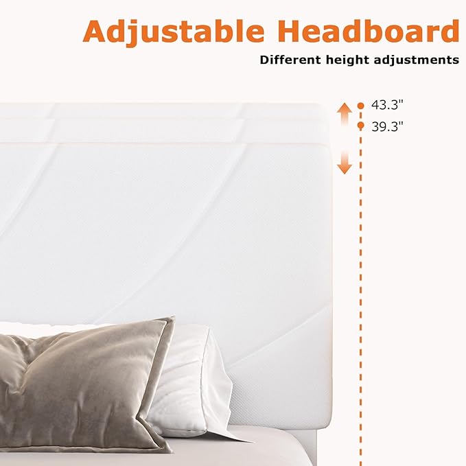 HOMBCK Full Size Bed Frame with Adjustable Headboard, Full Bed Frame with Linen Fabric Upholstered, Strong Wooden Slats, No Box Spring Needed, Noise Free, Easy Assembly, White
