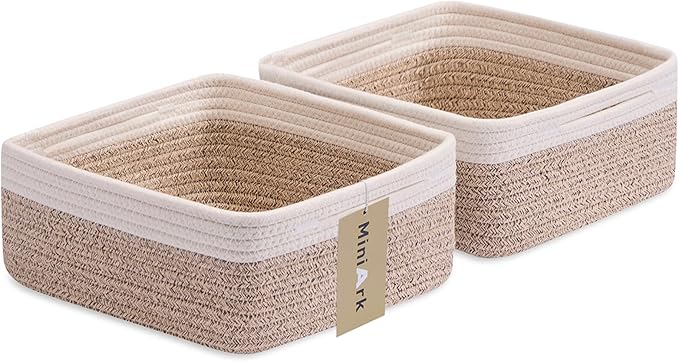Small Square Shallow Baskets for Organizing, 9.7x9.7x4.3 Inch Rope Woven Storage Bins for Cubes Closet, Shelves Storage, Boho Decorative Basket, 2 Packs Off White Brown