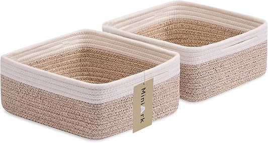 Small Square Shallow Baskets for Organizing, 9.7x9.7x4.3 Inch Rope Woven Storage Bins for Cubes Closet, Shelves Storage, Boho Decorative Basket, 2 Packs Off White Brown